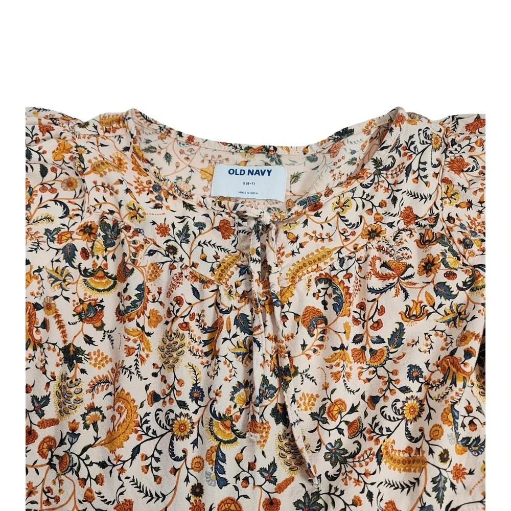 Old Navy Girls S 6-7 Floral Tiered‎ Babydoll Dress Puff Sleeve Boho Cream Orange